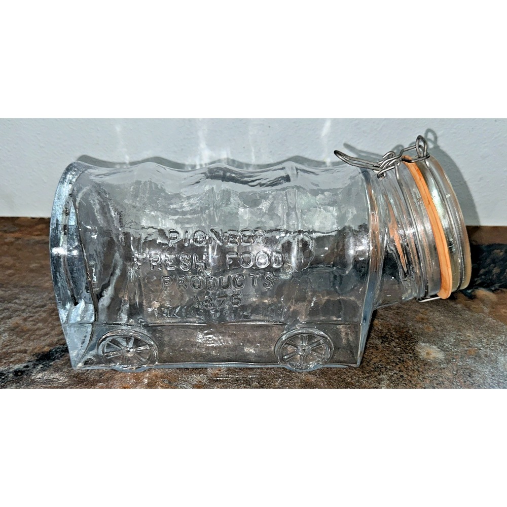 Vintage Crownford Glass Covered Wagon Jar 4 Qt Pioneer Fresh Food 1975 Italy